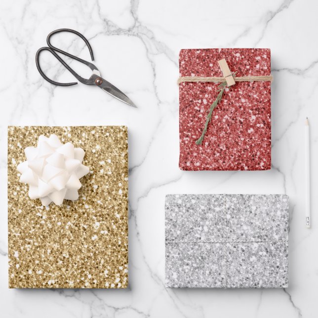 Gold Silver Red Glitz Glitzer      Geschenkpapier Set (Vorderseite)