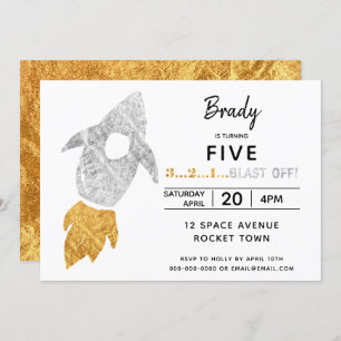 Gold Silver Rocket Ship WeltraumGeburtstagsparty Einladung