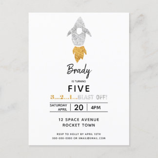 Gold Silver Rocket Ship WeltraumGeburtstagsparty Einladungspostkarte
