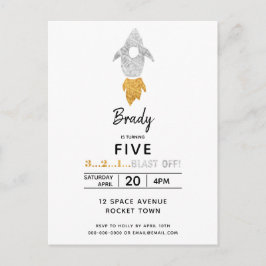 Gold Silver Rocket Ship WeltraumGeburtstagsparty Einladungspostkarte