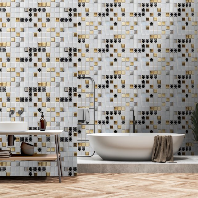 Gold Silver Small Tile Muster Tapete (Badezimmer)