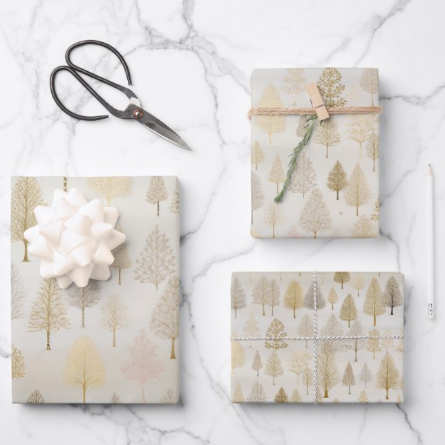 Gold Silver Watercolor Weihnachtsbaumen Geschenkpapier Set (Vorderseite)