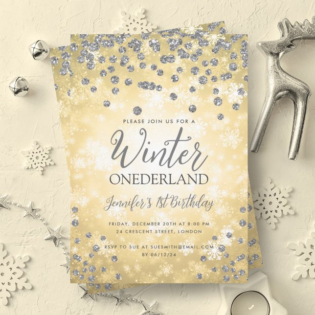 Gold Silver Winter ONEDERLAND 1. Geburtstag Einladung (Gold Silver Winter ONEDERLAND 1st Birthday Invitation)