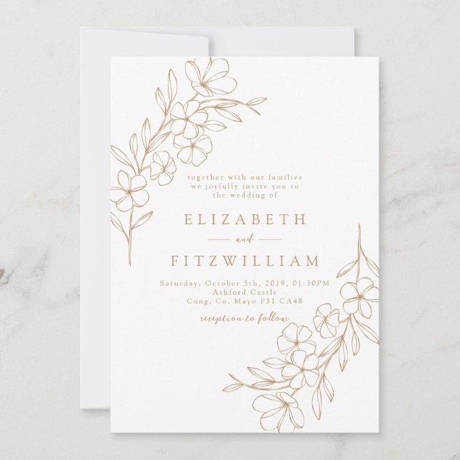 Gold Simple Cherry Blossom Hand Draath Einladung (Vorderseite)