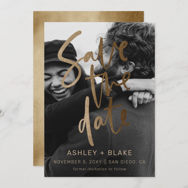 Gold Simple Handwriting Calligraphy Foto Save The Date (Vorne/Hinten)
