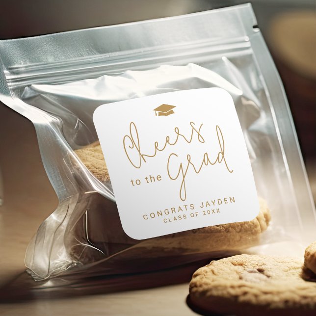 Gold Simple Modern Script Cheers Graduate Quadratischer Aufkleber (Gold Simple Modern Script Cheers Graduate Square Sticker)