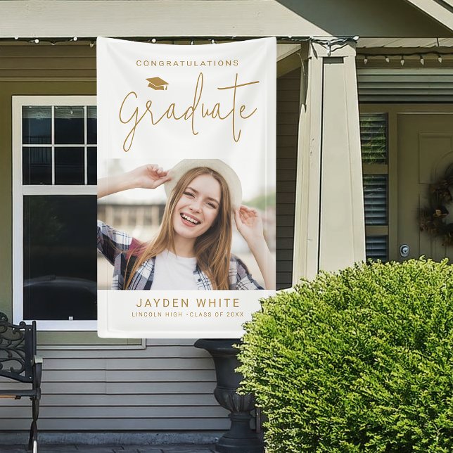 Gold Simple Modern Script Foto Graduation Party Banner (Gold Simple Modern Script Photo Graduation Party Banner)