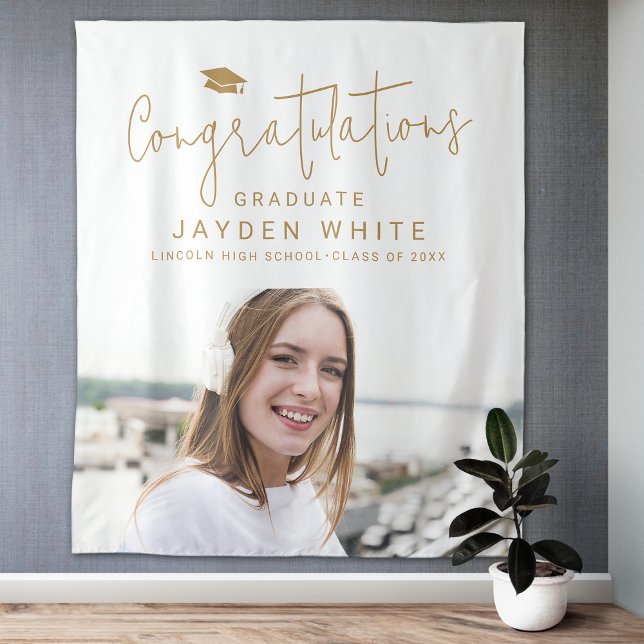 Gold Simple Modern Script Foto Graduation Party Wandteppich (Gold Simple Modern Script Photo Graduation Party Tapestry)