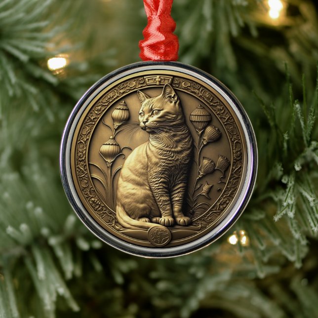 Gold Sitting Cat Medallion Ornament Aus Metall (Baum)