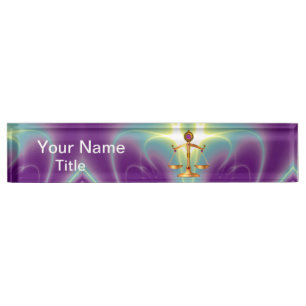 GOLD-SKALEN MIT GEM STONES, Justiz-Symbol Namensplakette