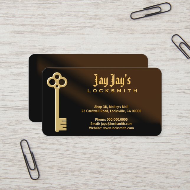 Gold Skeleton Key Brown Locksmith Business Cards Visitenkarte (Vorderseite/Rückseite Beispiel)