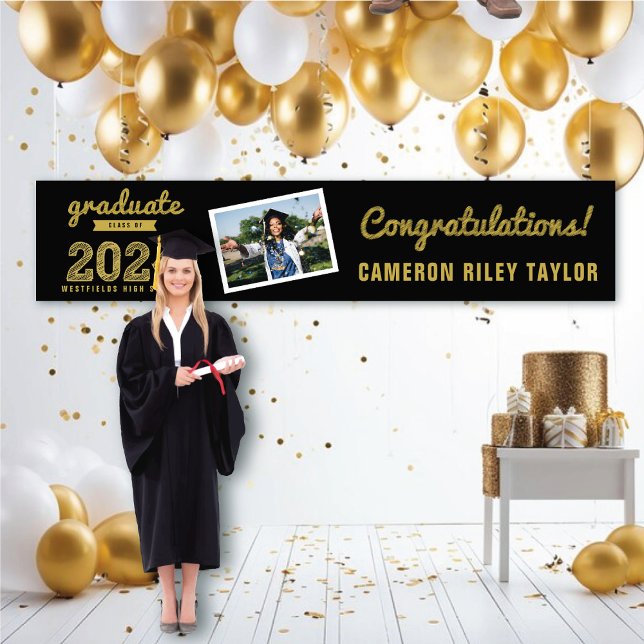 Gold Sketch Class of 2025 Foto Graduation Party Banner (2024 Black And Gold Sketch One Photo Modern Graduation Party Banner @ www.zazzle.com/color_therapy)