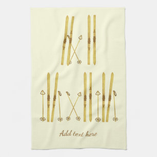 Gold Skistöcke Vintage Skier-Illustration Creme Geschirrtuch