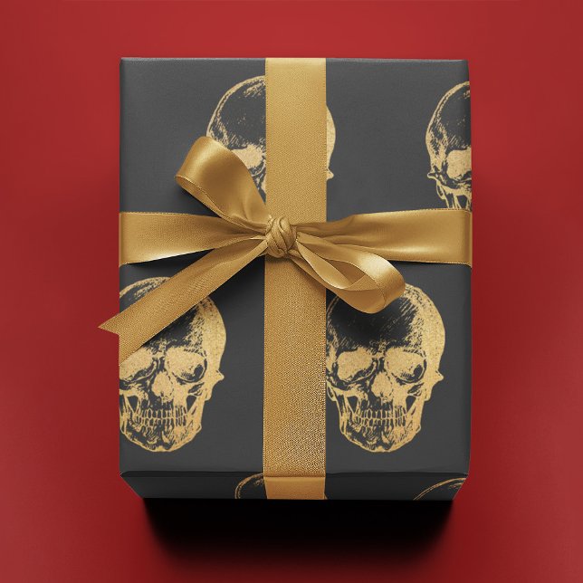 Gold Skull auf Grau | Geschenkpapier (Von Creator hochgeladen)