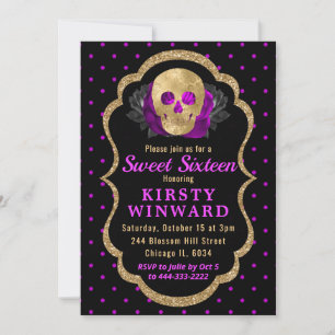 Gold Skull Floral Polka Dot Halloween Sweet 16 Einladung