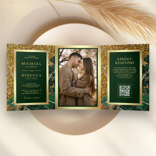 Gold Smaragdgrün Marmor Foto QR Code Hochzeit Dreifach Gefaltete Einladung