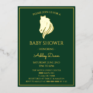 Gold Smaragdgrün Reitsport-Baby Shower Folieneinladung