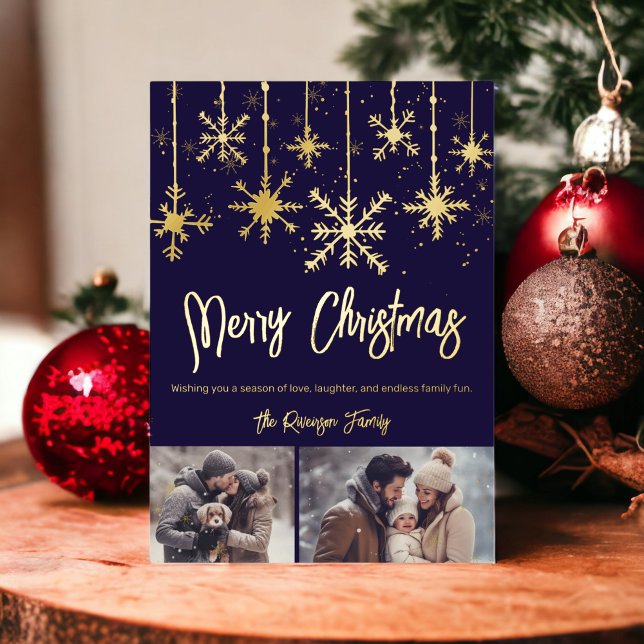 gold snow elegant navy merry christmas 2 photos folieneinladung (gold snow elegant navy merry christmas 2 photos foil invitation)