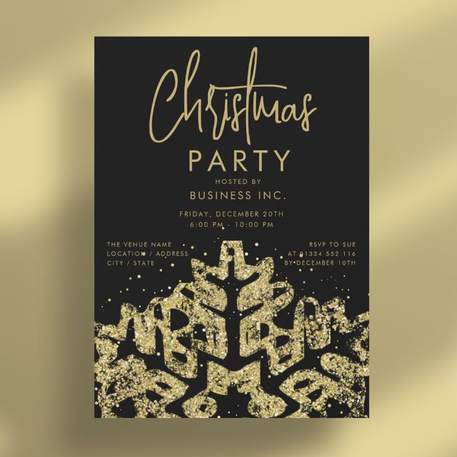 Gold Snowflake Corporate Christmas Party Black Einladung (Gold Snowflake Corporate Christmas Party Black Invitation)