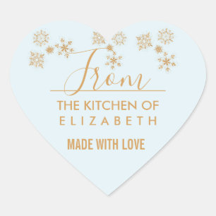 Gold Snowflake Kristalle auf Frosty Blue - Weihnac Herz-Aufkleber