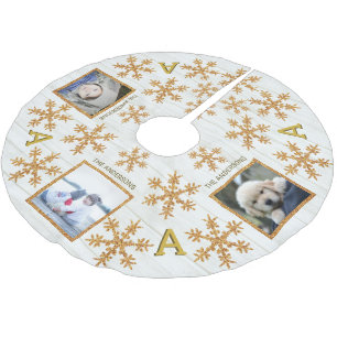 Gold Snowflake Monogram Rustikal 3 Foto Polyester Weihnachtsbaumdecke