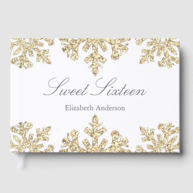 Gold Snowflake Winter Sweet 16 Gästebuch (Vorderseite)