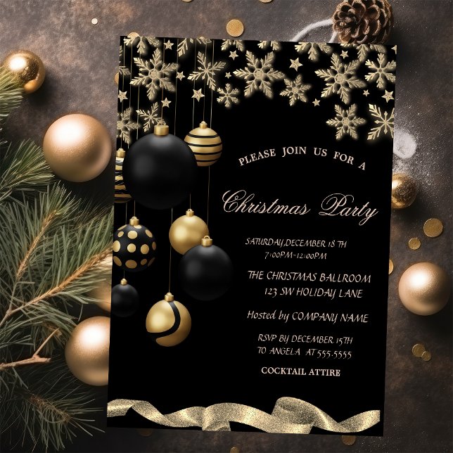 Gold Snowflakes Black Balls Corporate Christmas Einladung (Von Creator hochgeladen)