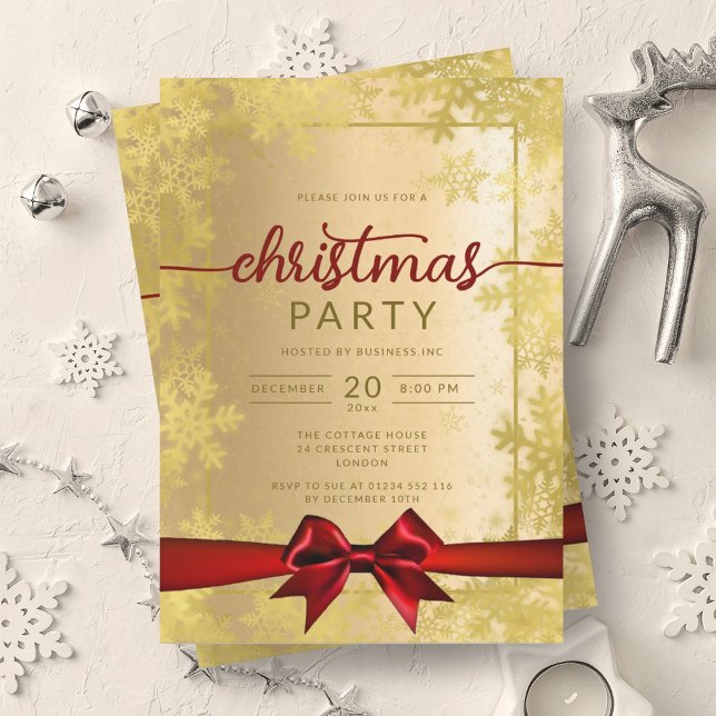 Gold Snowflakes Company Christmas Red Ribbon Einladung (Gold Snowflakes Company Christmas Red Ribbon Invitation)