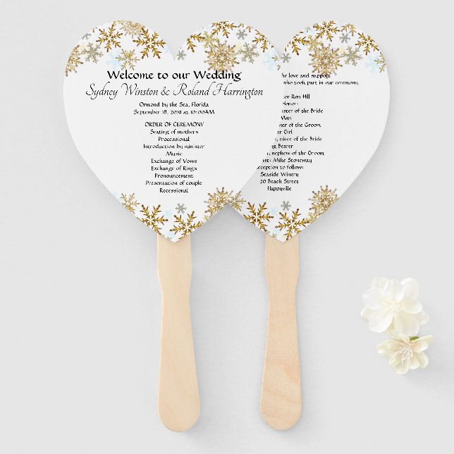 Gold Snowflakes Herz-Shaped Wedding Fan Programm Fächer (Vorne und Hinten)