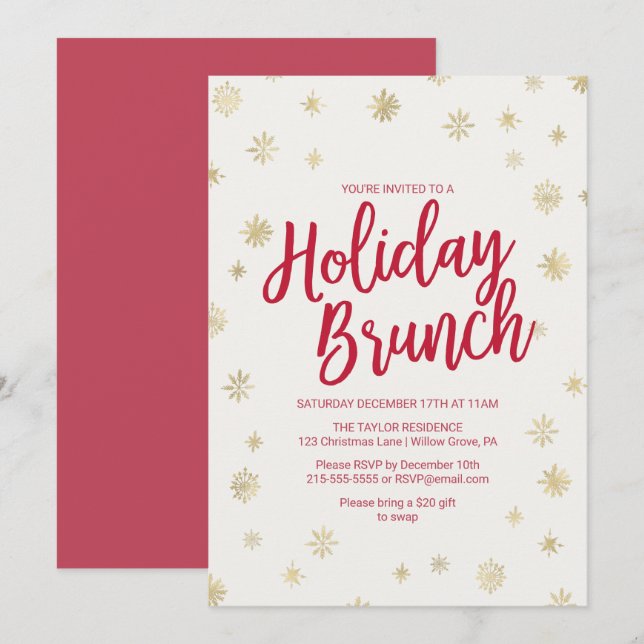 Gold Snowflakes Holiday Brunch Einladung (Vorne/Hinten)