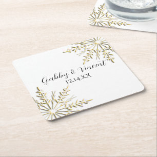 Gold Snowflakes on White Winter Wedding Rechteckiger Pappuntersetzer