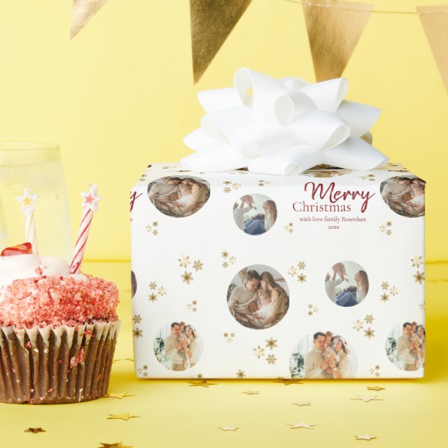 Gold Snowflakes Photo Collage Merry Christmas Geschenkpapier (Geburtstagsparty)