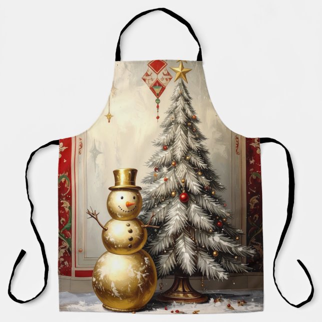 Gold Snowman Christmas Tree Holiday Apron Schürze (Vorderseite)