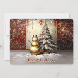 Gold Snowman Christmas Tree Holiday Card Feiertagskarte