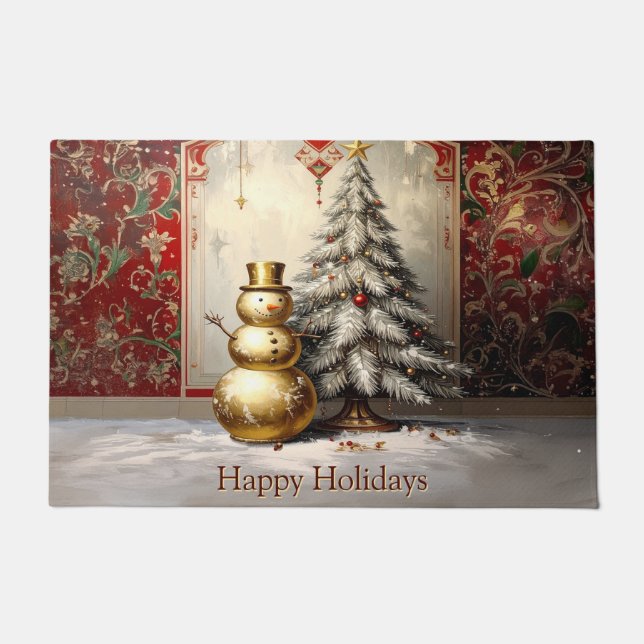 Gold Snowman Christmas Tree Holiday Doormat Fußmatte (Vorderseite)