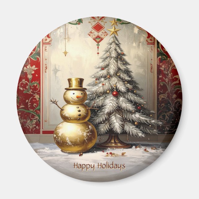 Gold Snowman Christmas Tree Holiday Magnet (Vorne)