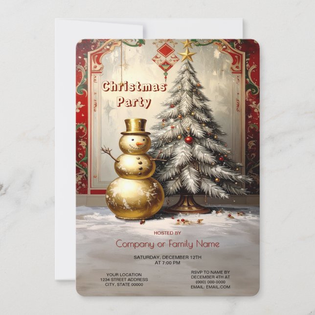 Gold Snowman Christmas Tree Holiday Party Einladung (Vorderseite)