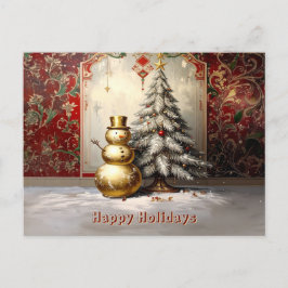 Gold Snowman Christmas Tree Holiday Postcard Postkarte