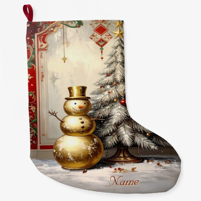 Gold Snowman Christmas Tree Holiday Stocking Großer Weihnachtsstrumpf (Vorderseite)