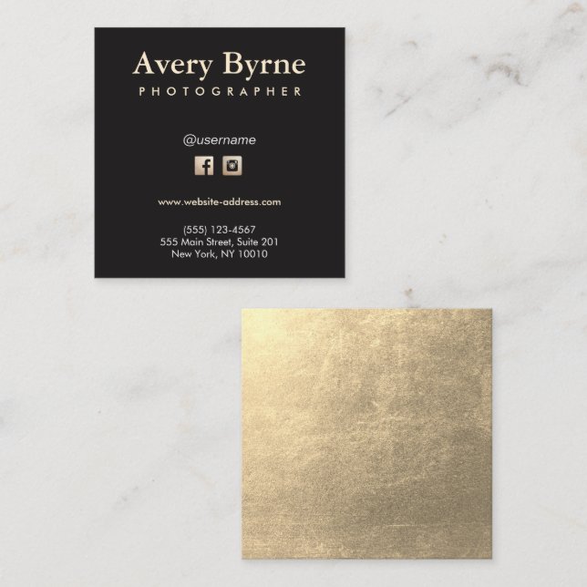 Gold Social Media Icons Black Square Business Card Quadratische Visitenkarte (Vorne/Hinten)