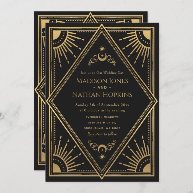 Gold Solar Gothic Elegant Tarot Card Hochzeit Einladung (Vorne/Hinten)
