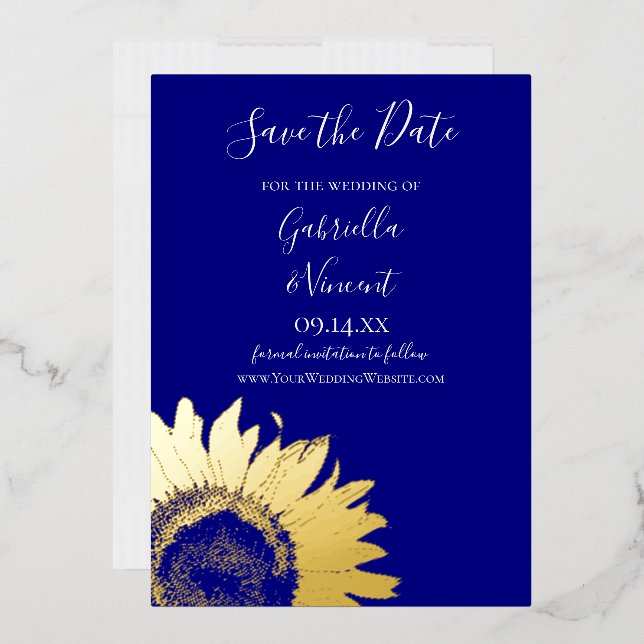 Gold Sonnenblumen auf Navy Blue Wedding Save the D Folieneinladung (Briefumschlag)