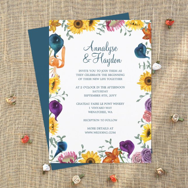 Gold Sonnenblumen, Navy & Plum Calla Lilies Weddin Einladung (sunflowers and plum purple wedding invitations)