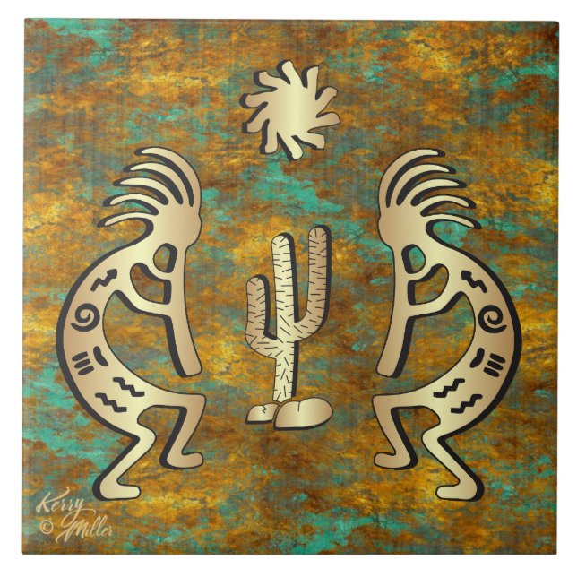 Gold Southwest Kokopelli Keramik Fliese (Vorderseite)