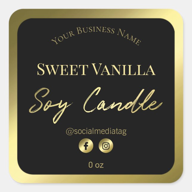 Gold Soy Candle Text Black Label Quadratischer Aufkleber (Vorderseite)