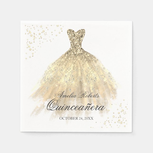 Gold Sparkenkleid Quinceanera Napkin Serviette (Vorderseite)