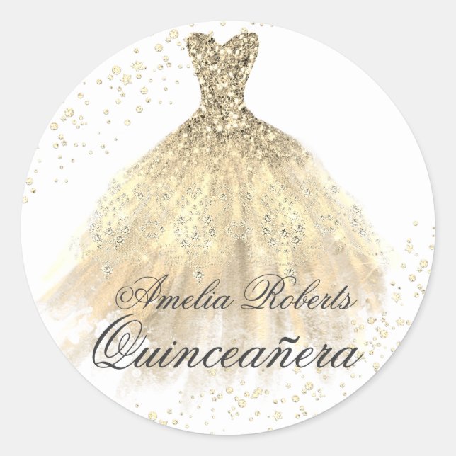 Gold Sparkenkleid Quinceanera Sticker (Vorderseite)
