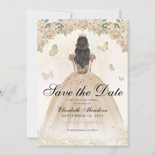 Gold Sparkle Blumenprinzessin Quinceañera Geburtst Save The Date (Vorderseite)