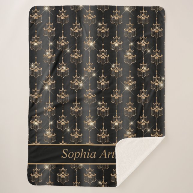 Gold Sparkle Chandelier Pattern Schwarz Sherpadecke (Vorderseite)