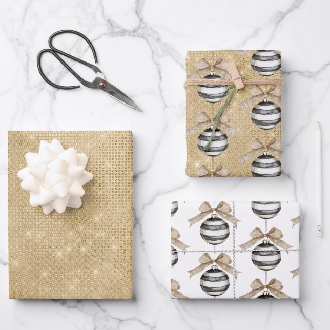 Gold Sparkle Christmas Black Stripes Ornament Bow Geschenkpapier Set (Vorderseite)